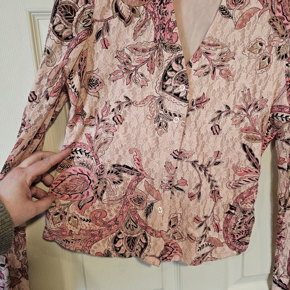 I.N.C Y2K Vintage Paisley Floral Lace Collared Button Down Fitted Top Fairy - Picture 5 of 6